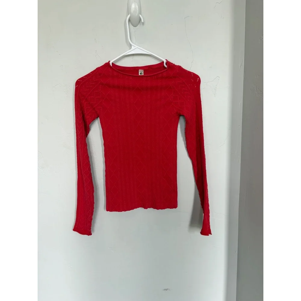 Intimately Free People Red Pointelle Cable Knit Long Sleeve Top XS/S Slim Fit